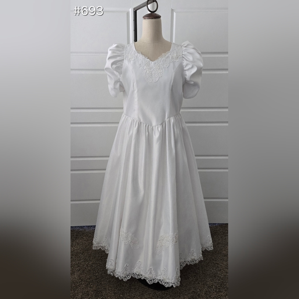 Girls White Satin Wedding Dress Bride Costume